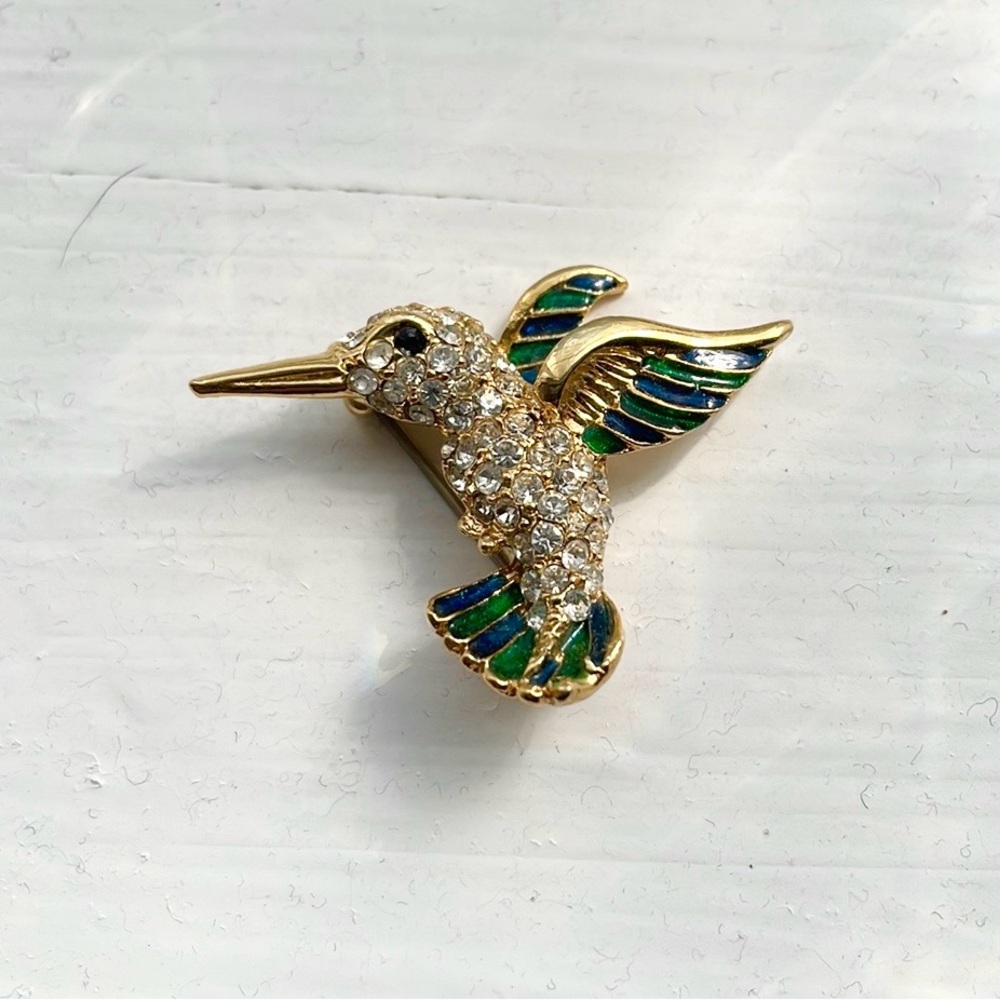 Sparkly, Hummingbird Brooch - gold tone with green enamel wings.